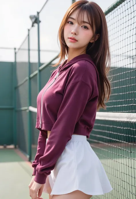 Low angle, portrait shot of beautiful so sexy Japanese woman, dark tan skin, wave spreading hair, gold blue pink hair, small breasts, standing pose, tilt head up, wear loose dark magenta zip hoody, white miniskirt, no underwear, beautiful , tennis racket i...