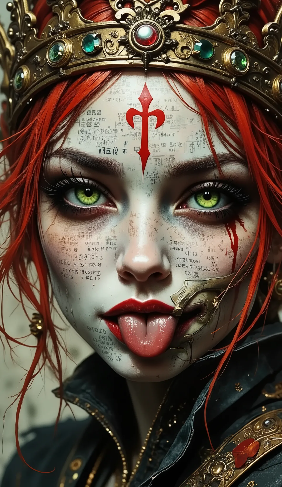 The image is a work of digital art that presents a close-up of the face of a woman with a surreal and artistic style. Her skin is pale , with a texture that recalls that of a printed text, What gives it a newspaper look. His striking green eyes present an...