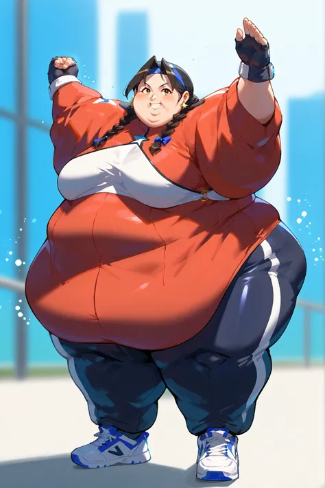 masterpiece, best quality, 1girl, solo, absurdres,
large breasts,
tiffany,
black hair, brown eyes, twin braids, dark skin,
dougi, sneakers, spandex, headband, fingerless gloves
high up, standing on one foot, poised before executing a spinning kick, cinem...