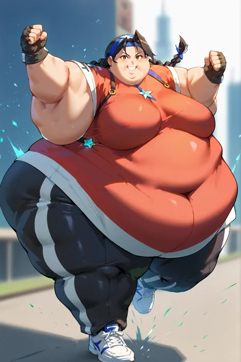 masterpiece, best quality, 1girl, solo, absurdres,
large breasts,
tiffany,
black hair, brown eyes, twin braids, dark skin,
dougi, sneakers, spandex, headband, fingerless gloves
high up, standing on one foot, poised before executing a spinning kick, cinem...