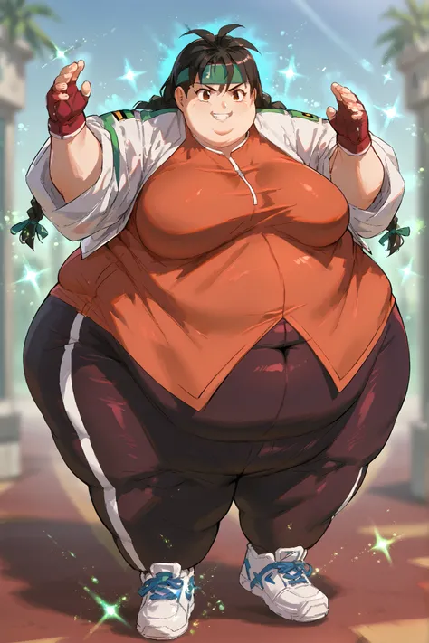 masterpiece, best quality, 1girl, solo, absurdres,
large breasts,
rena,
black hair, brown eyes, twin braids, dark skin,
dougi, sneakers, spandex, headband, fingerless gloves
high up, standing on one foot, poised before executing a spinning kick, cinemati...