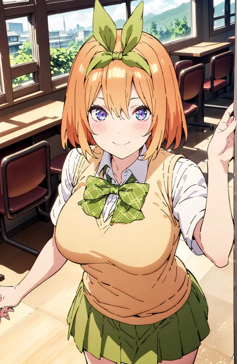 score_9, score_8_up, score_7_up, 中野四葉, solo,bungs, short hair, blue eyes, hair between eyes, hair ribbon, headband, orange hair, (green ribbon:1.5), smile,blush,grinning,Big Breasts,
in their 40s skirt, shirt, bow, ribbon, uniform, white shirt, short sleev...
