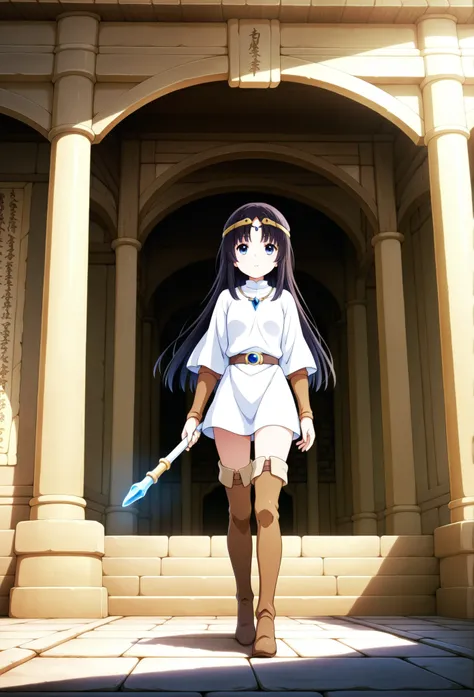 A maiden with dark hair wearing a short white tunic, thigh-high hide boots and circlet, holding a short rod with a blue crystal tip, standing outside a Babylonian temple, alone, in full view in a highly detailed anime style