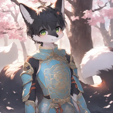 fox MLAE BLACK , kemono , furry , Chinese style , forest , BLACK hair , green eyes , slim , two fluffy tails , cute , CHINA armor, Watertight eyes , "highly detailed, soft light, anime style, pastel colors" slim . male