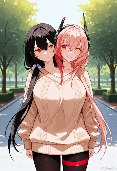 conjoined, 2girls, 2heads, two heads, a tall thin girl with 2 heads, m4 sopmod ii, hair between eyes, red eyes, pink hair, streaked hair, red hair, sidelocks, long hair, multicolored hair, two-tone hair, jelorodef, black hair, streaked hair, hair scrunchie...