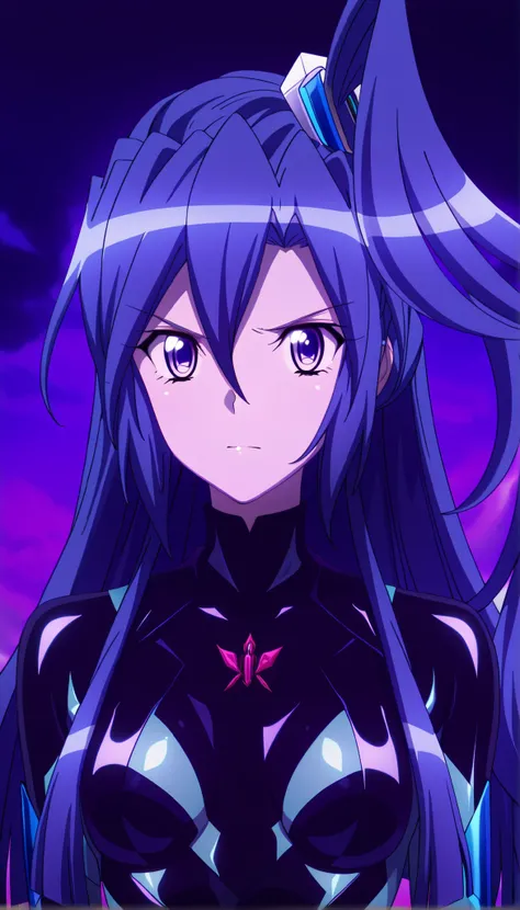 masterpiece, best quality, amazing quality, very aesthetic, absurdres, newest,shiny skin, anime screenshot, anime coloring senki zesshou symphogear, Kazanari Tsubasa,  blue_hair, purple eyes,  one side up, (Black latex rubber suit with turtleneck on a purp...