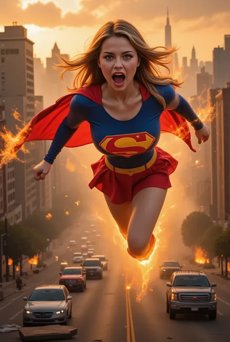 absurdly large breast. "Photo-realistic image of a powerful, enraged young blonde woman flying through the sky, engulfed in flames from head to toe, wearing a retro vintage 1980s-spandex Supergirl costume. Her long, windswept golden blonde hair flows wildl...