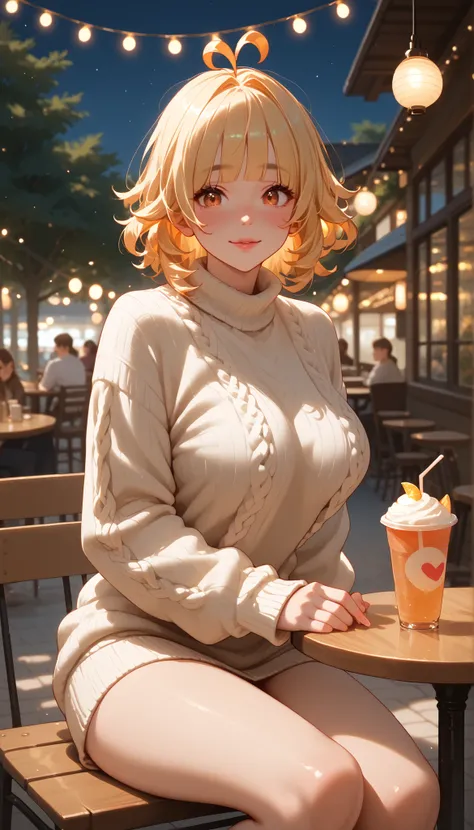 A girl with a nice body and nice breasts sits alone at an outdoor café table, under warm string lights. Wearing a cozy sweater, her perfect face is peaceful, perfect eyes reflecting the glow of neon signs nearby.