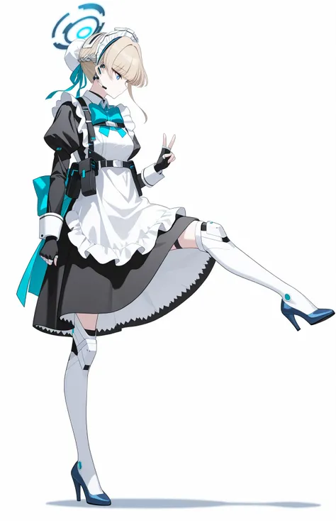 
toki (\bunny\) \(blue archive\), toki \(blue_archive\),sideways、profile、Kick with the knee 、 full body、Ruthless Expression、expressionless、maid ,maid clothes、standing one leg,looking down,sideways、beautiful fingers,Five fingers,,(masterpiece),(Highest Qual...