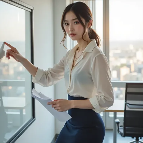 Young and beautiful 25-year-old young woman, she is standing next to the whiteboard with documents in one hand in a stylish conference room at work illuminated by sunlight,she is reaching for the whiteboard and pointing her finger,she is wearing a V-neck s...