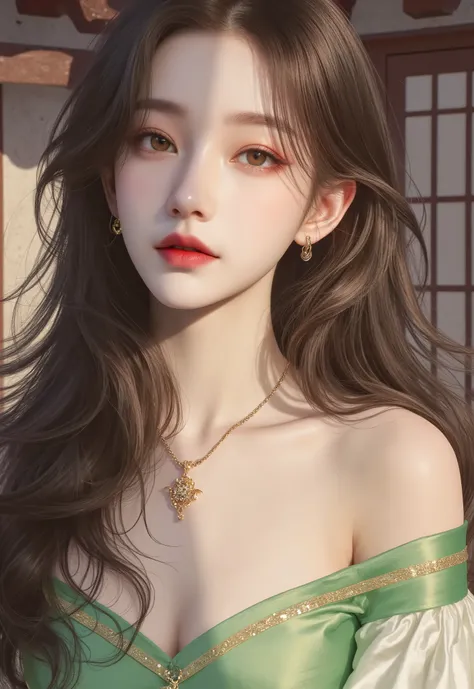 (Best quality, High resolution, Masterpiece :1.3), A tall and pretty woman, Slender abs, Dark brown hair styled in loose waves, Breasts, Wearing pendant, nude, (Modern architecture in room), Details exquisitely rendered in the face and skin texture, Detail...