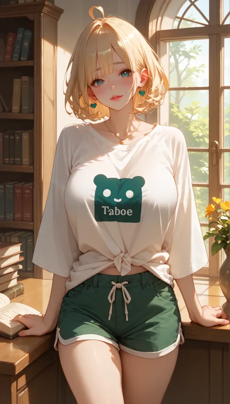 A girl with a nice body and nice breasts reads a book inside a quiet bookstore café. Wearing an oversized shirt and shorts, her perfect face shows contentment, perfect eyes locked on the pages.