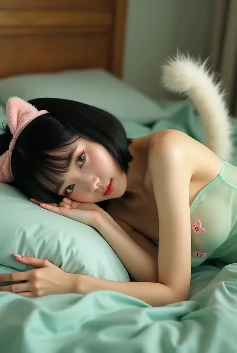 A more realistic full-length portrait of an Asian woman lying face down on a bed, her head resting gently on a pillow, and facing the camera in a gentle and seductive pose. The portrait is taken from the side. She has short black bob hair with straight bangs. She is wearing a pastel green see-through strapless dress with a small cutout at the chest in the shape of a cat's head with light pink embroidery. A fluffy white cat tail protrudes from the back, and she wears a matching cat-ear headband with a light pink ribbon. Soft ambient lighting creates realistic shadows and highlights on her skin and fabric. The overall color scheme is warm, gentle, and intimate, with high contrast and depth of field for a dreamy yet realistic effect