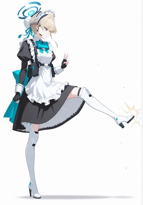
toki (\bunny\) \(blue archive\), toki \(blue_archive\),sideways、profile、Kick with the knee 、 full body、Ruthless Expression、expressionless、maid ,maid clothes、Long Skirt、shortcuts、boots、standing one leg,looking down,sideways、beautiful fingers,Five fingers,,...