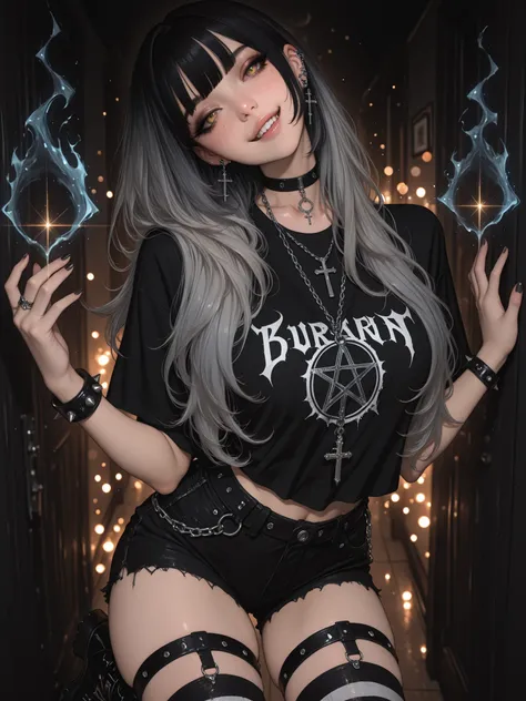 absurdres, high_quality, newest, incredibly_absurdres, very aesthetic, glint, magic, magic_user, lens_flare, aura, vibrant (blurry:1.3, dark style_background, bokeh), (grainy_texture:1.3) (BSH-Illu, wolf_cut, multicolored hair, solo, cross necklace, cross ...