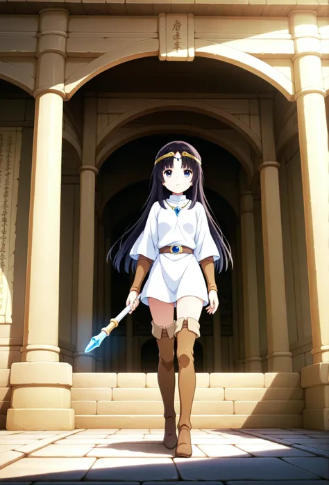 A maiden with dark hair wearing a short white tunic, thigh-high hide boots and circlet, holding a short rod with a blue crystal tip, standing outside a Babylonian temple, alone, in full view in a highly detailed anime style