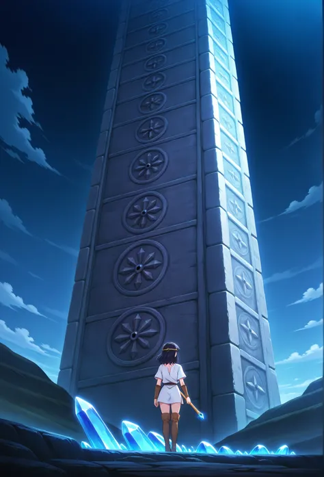 A maiden with dark hair wearing a short white tunic, thigh-high hide boots and circlet, holding a short rod with a blue crystal tip, standing outside a tall tower of Babel, back turned facing away, alone, in full view in a highly detailed anime style