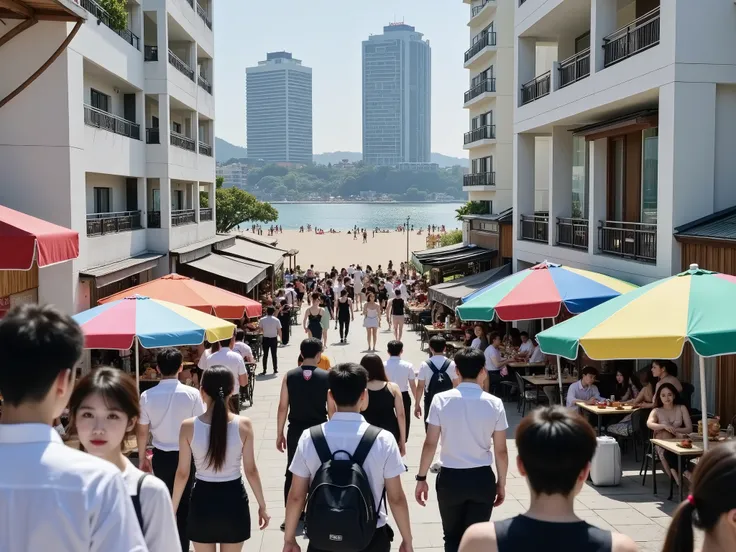 a picture of a sunny evening outside restaurants on Haeundae Beach. Busy, many people. head-level viewpoint, as viewed by someone walking. foreground is in focus, limited depth of field