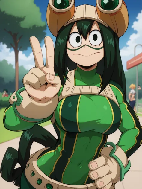 Tsuyu asui (my hero academia), big breats, wide hips, happy, big ass, hand on hips, Seductive pose, dinamic pose, close mouth, Seductive look, peace sign, Park, Curve body, Sexy woman