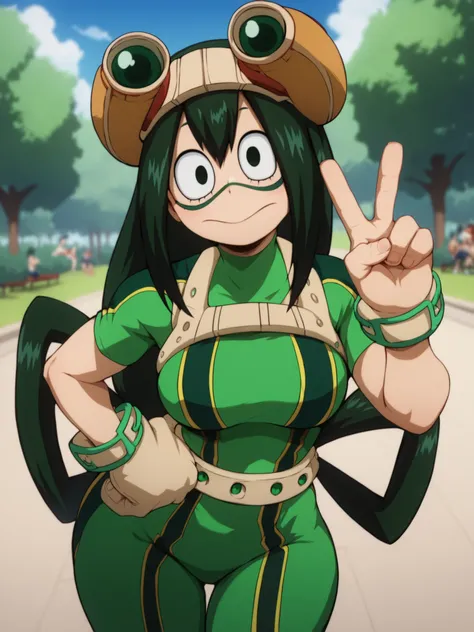 Tsuyu asui (my hero academia), big breats, wide hips, happy, big ass, hand on hips, Seductive pose, dinamic pose, close mouth, Seductive look, peace sign, Park, Curve body, Sexy woman