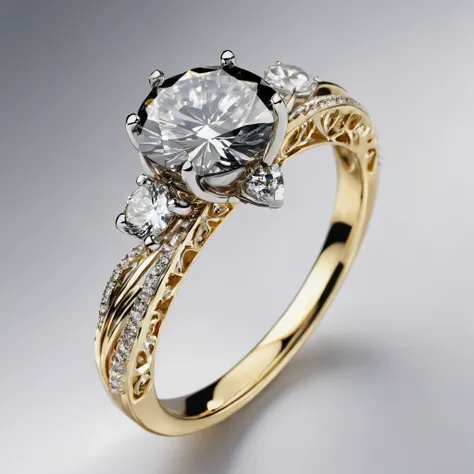 Engagement ring, ultra-realistic, photo-realistic, ultra-detailed, insane 3D Rendering, 8K Octane
Macro photography view of an engagement ring, with a 2 catat diamond 💎. One large diamond is shaped with extreme precision.The gold band has a swirl design ...