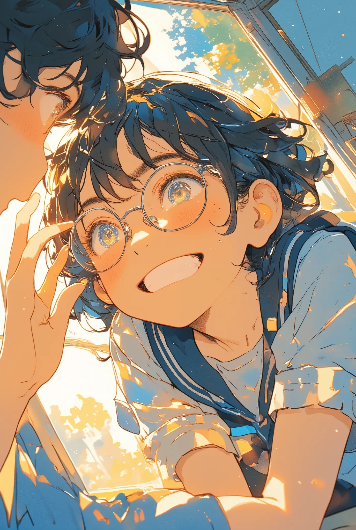 POV from a high school boy,
a cheerful short-haired Japanese high school girl leans in with a playful grin, reaching toward the boy’s glasses with teasing energy,
seen from the boy’s perspective looking slightly upward, her face close and expressive wi...