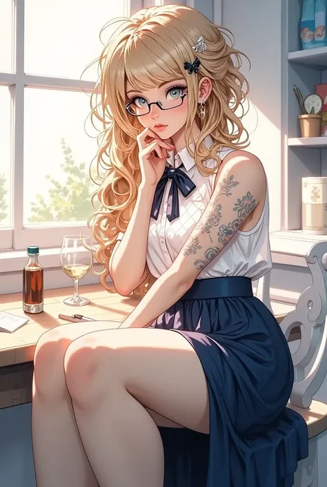 ((Highest Quality、masterpiece、high sensitivity、high resolution、detailed depiction、depicting a delicate face、Ｆvalue：6.0),((Slender Woman、wearing glasses)),fishnet shirt 、Long Skirt、 sit with your knees up 、garter stockings、suppresses Skirt、
