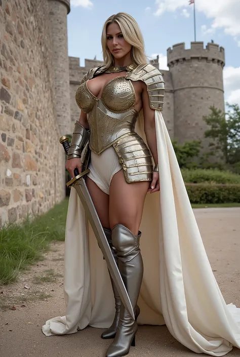 A Medieval Female Warrior, Elegant Queen, Medieval Knight, Golden Diadem, Unrealistic Large Breasts, Wide Hips, Thin Waist, Full Set of Micro Sexy black plate armor of iron, golden details and white cape, Holding a Heavy Sword, Sexy Body, Defined Muscles a...
