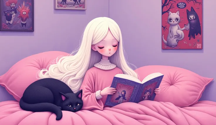 whimsical art style, surreal fantasy, minimalist, acrylic, Namasri Niumim style, a girl tall and thin reading a comicbook in her bed with long white hair, she is usinga confortable dress, with a black cat sleeping on her feet, in the walls there are poste...