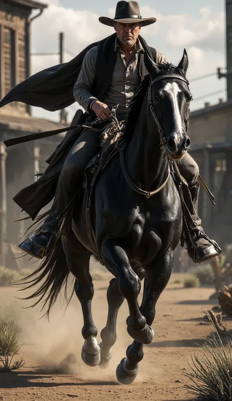 Hyper-realistic cinematic action scene of a Western gunslinger mid-shot, riding a black stallion at full gallop across a dusty desert trail. The gunslinger wears a weathered dark leather duster, flaring behind him in the wind, and a wide-brimmed hat castin...