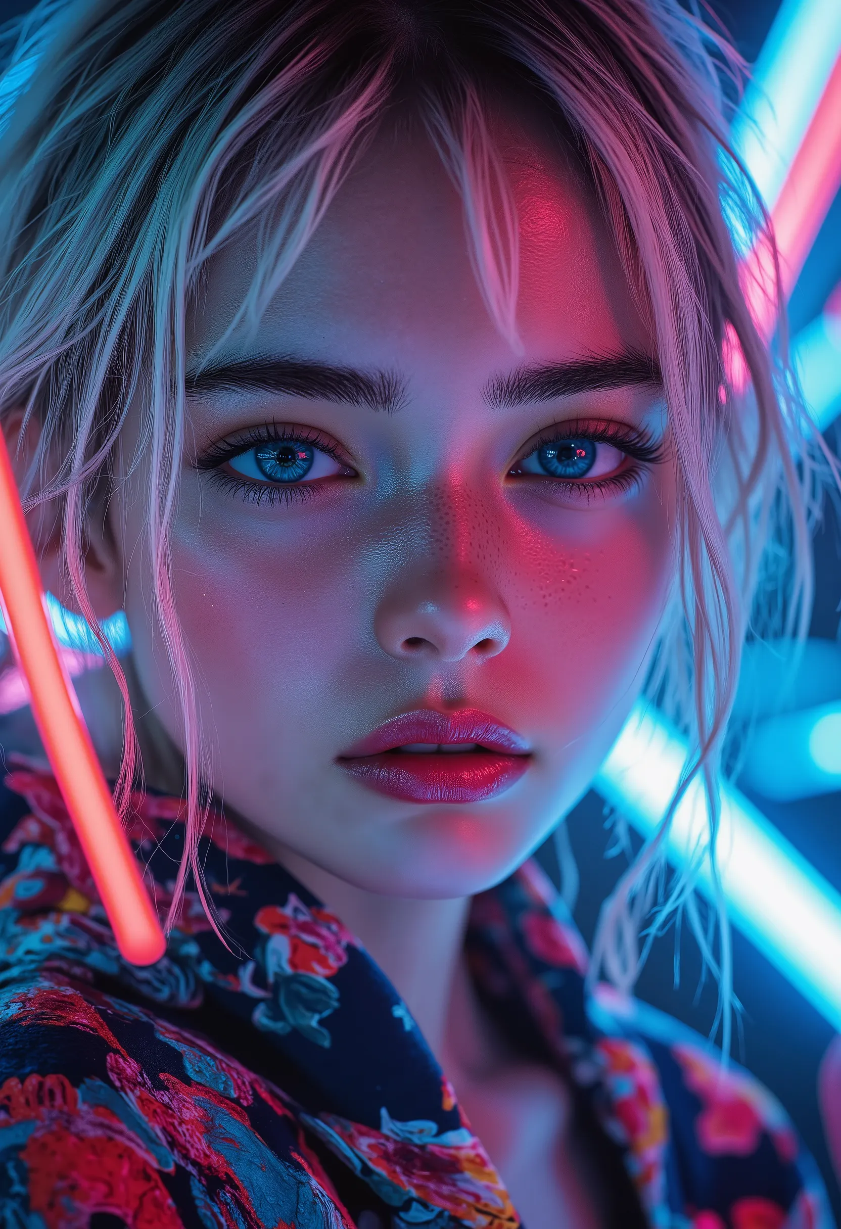  [Style: "masterpiece, realistic, (photo realistic Realism), ultra-detailed, Hyper high resolution"] 1girl, full body,blonde hair, hooded jacket, serious expression, vibrant neon colors, (Key Directive: - ("The priority is the anatomical accuracy and textu...