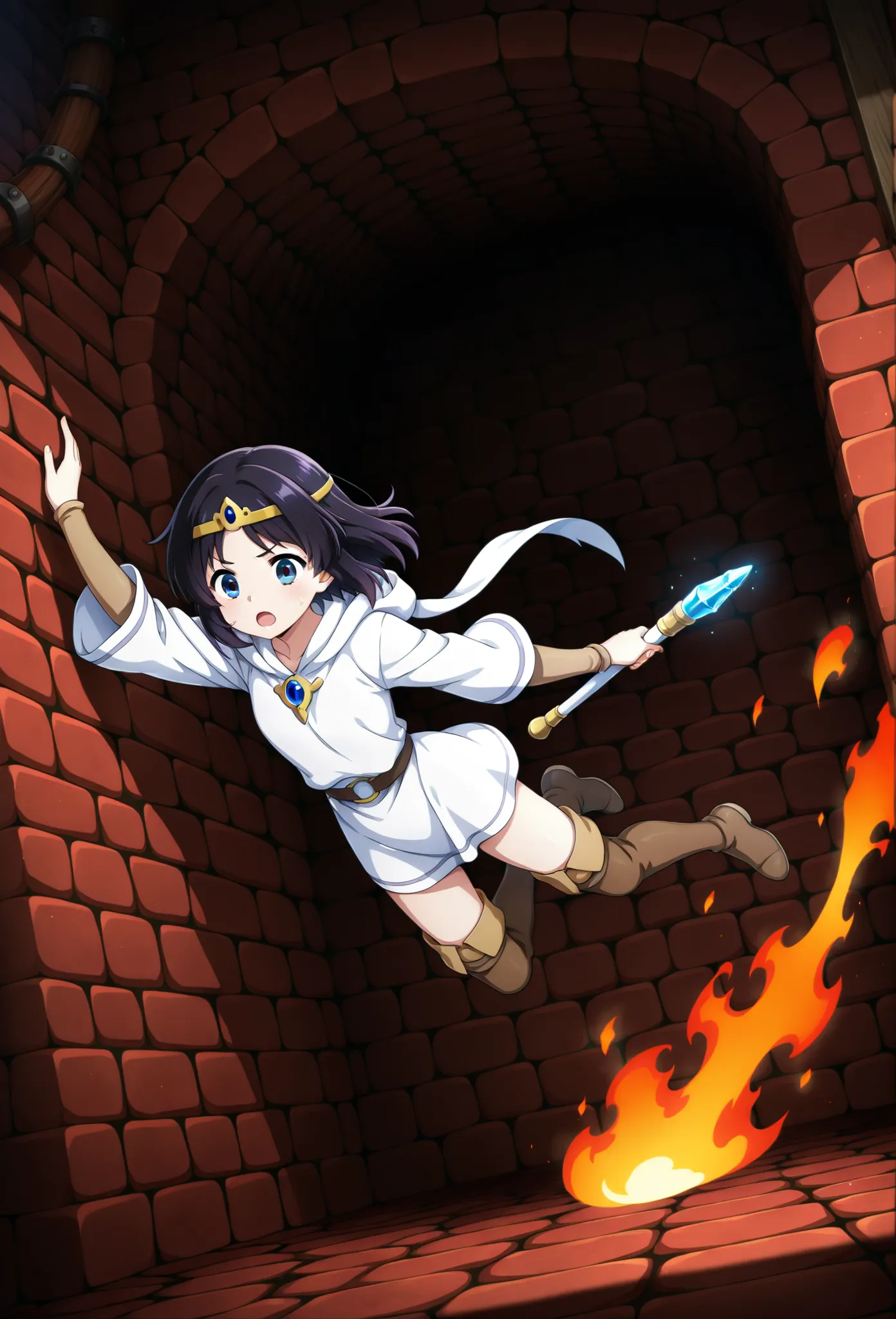 A maiden with dark hair wearing a short white tunic, thigh-high hide boots and circlet, holding a short rod with a blue crystal tip, flying leap, inside a red brick dungeon, above a monster breathing fire, alone, in full view in a highly detailed anime sty...