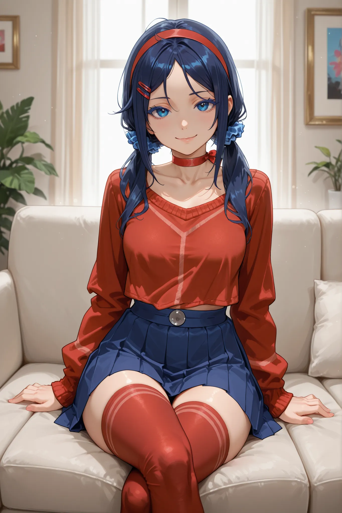 1girl, crazy mita (miside), dark blue hair, parted bangs, sidelocks, hair strand, red hairclip, red headband, low twintails, hair scrunchie, blue scrunchie, blue eyes, colored eyelashes, ribbon choker, red choker, collarbone, red sweater, pleated skirt, bl...