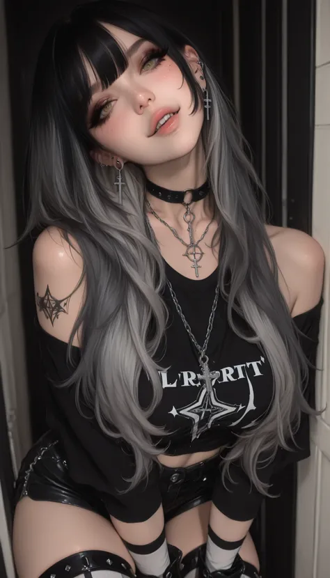 high resolution、Very detailed、 Amazing quality 、masterpiece、Very Beautiful、flash、 particle effect, (BSH-Illu, wolf_cut, multicolored hair, solo, cross necklace, cross earrings, gradient_hair, two-tone hair, choker, tattoo, necklace, head tilt, multicolored...