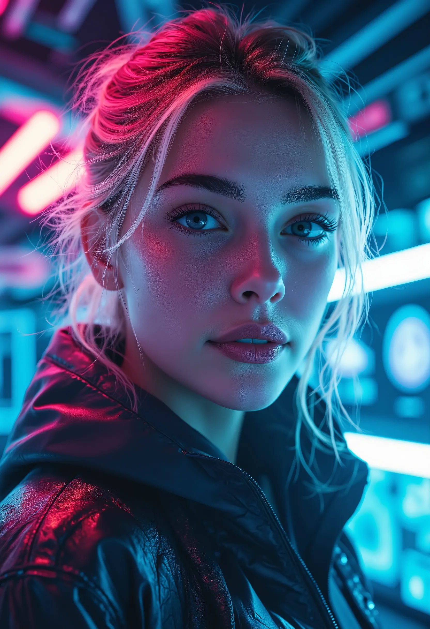  [Style: "masterpiece, realistic, (photo realistic Realism), ultra-detailed, Hyper high resolution"] 1girl, full body,blonde hair, hooded jacket, serious expression, vibrant neon colors, (Key Directive: - ("The priority is the anatomical accuracy and textu...