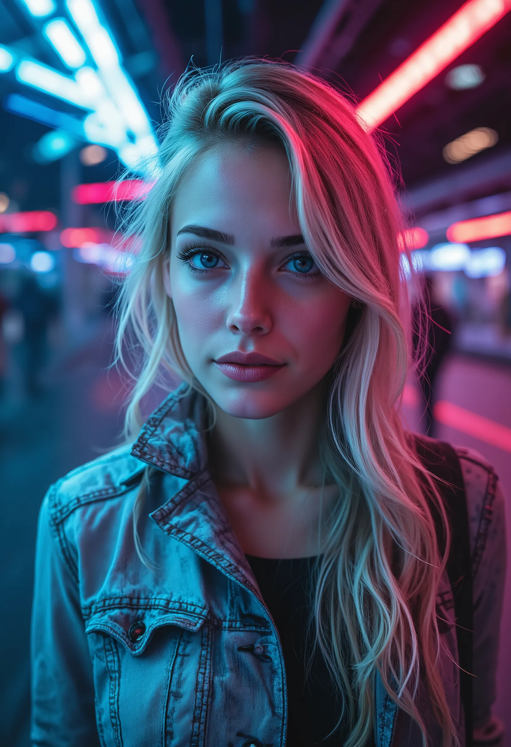  [Style: "masterpiece, realistic, (photo realistic Realism), ultra-detailed, Hyper high resolution"] 1girl, full body,blonde hair, hooded jacket, serious expression, vibrant neon colors, (Key Directive: - ("The priority is the anatomical accuracy and textu...