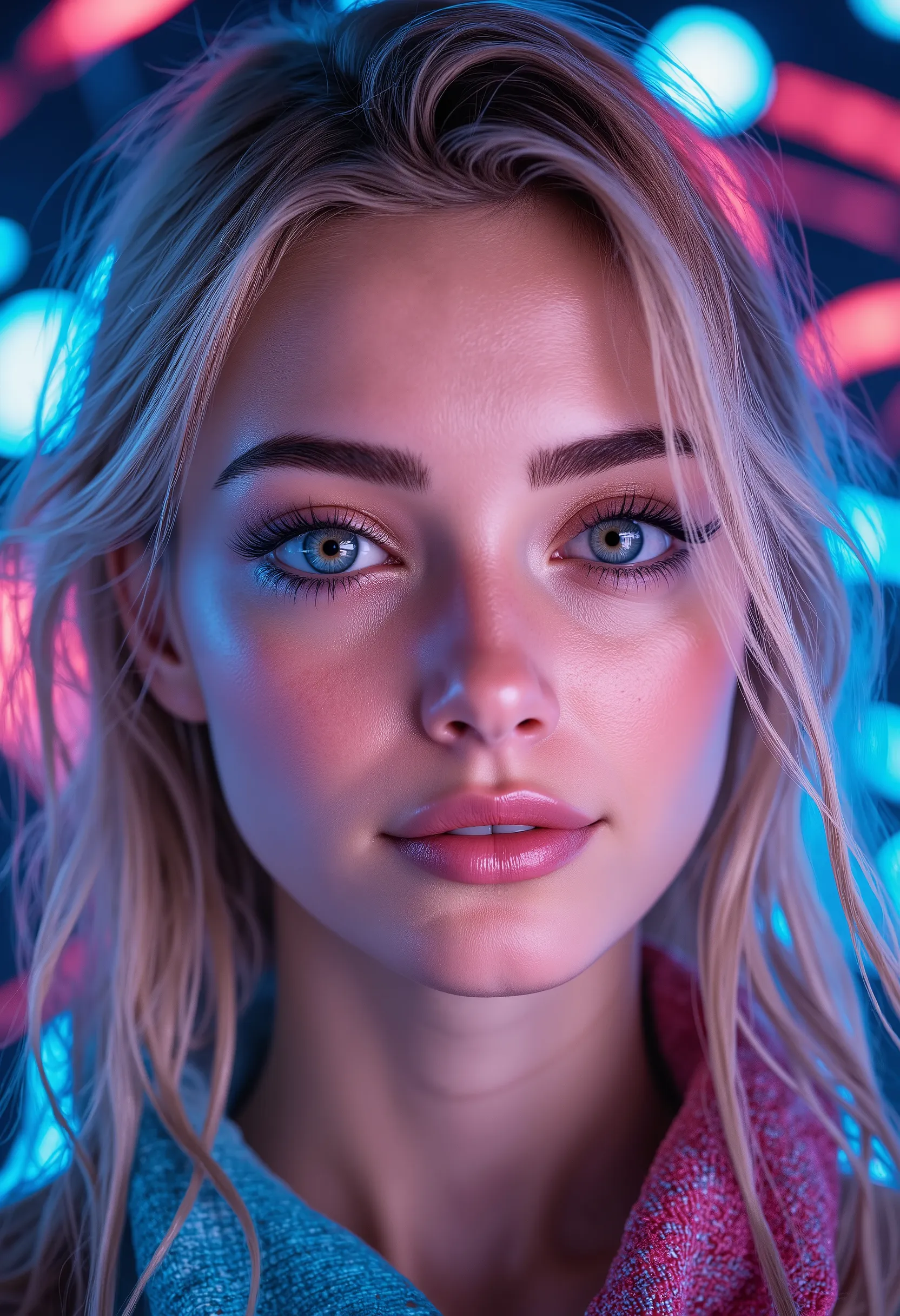  [Style: "masterpiece, realistic, (photo realistic Realism), ultra-detailed, Hyper high resolution"] 1girl, full body,blonde hair, hooded jacket, serious expression, vibrant neon colors, (Key Directive: - ("The priority is the anatomical accuracy and textu...