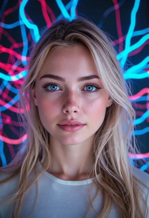  [Style: "masterpiece, realistic, (photo realistic Realism), ultra-detailed, Hyper high resolution"] 1girl, full body,blonde hair, hooded jacket, serious expression, vibrant neon colors, (Key Directive: - ("The priority is the anatomical accuracy and textu...