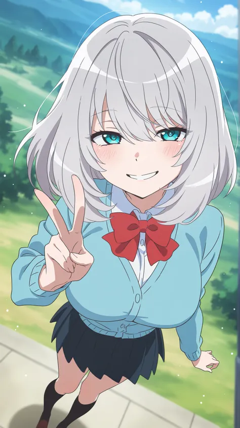1 girl, Tejina Senpai, bun, smiling, masterpiece, best quality, amazing quality, very aesthetic, absurd, newest, landscape, anime screenshot, short breasts, looking at viewer, smile, contrast, anime coloring, day, blush, masterpiece, best quality, alone, u...