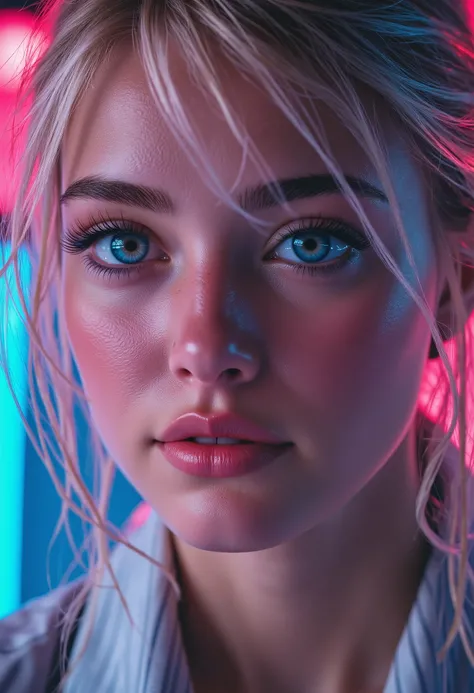  [Style: "masterpiece, realistic, (photo realistic Realism), ultra-detailed, Hyper high resolution"] 1girl, full body,blonde hair, hooded jacket, serious expression, vibrant neon colors, (Key Directive: - ("The priority is the anatomical accuracy and textu...