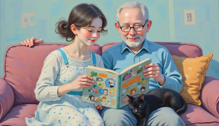 whimsical art style, surreal fantasy, minimalist, acrylic, Namasri Niumim style, a girl tall and thin and her grandfather reading a comicbook, they are sitting one by other in a sofa in room, she is usinga confortable dress, with a black cat sleeping on ...