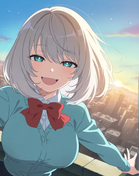 1 girl, Tejina Senpai, bun, smiling, open mouth,masterpiece, best quality, amazing quality, very aesthetic, absurd, newest, landscape, anime screenshot, short breasts, looking at viewer, smile, contrast, anime coloring, day, masterpiece, best quality, alon...
