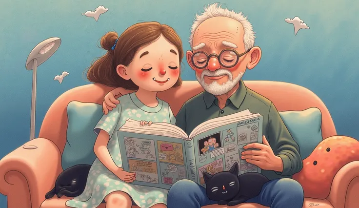 whimsical art style, surreal fantasy, minimalist, acrylic, Namasri Niumim style, a girl tall and thin and her grandfather reading a comicbook, they are sitting one by other in a  sofa in room, she is usinga confortable dress,  with a black cat sleeping on ...