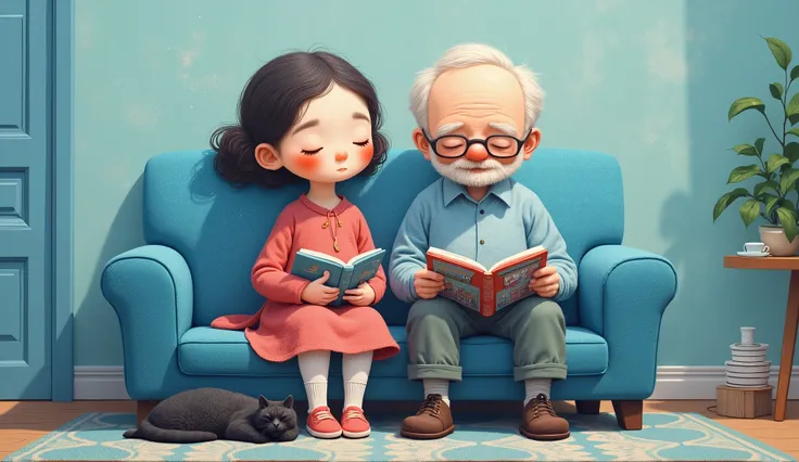 whimsical art style, surreal fantasy, minimalist, acrylic, Namasri Niumim style, a girl tall and thin and her grandfather reading a comicbook, they are sitting one by other in a sofa in room, she is usinga confortable dress, with a black cat sleeping on ...