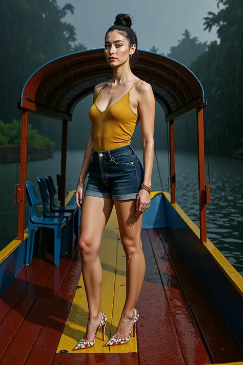Full body shot from the distance of a slim and elegant woman with fair skin and a soft pink undertone, standing confidently on the edge of a colorful trajinera in Xochimilco during a gentle rainstorm.

She wears a mustard yellow fitted tank top with a deep...