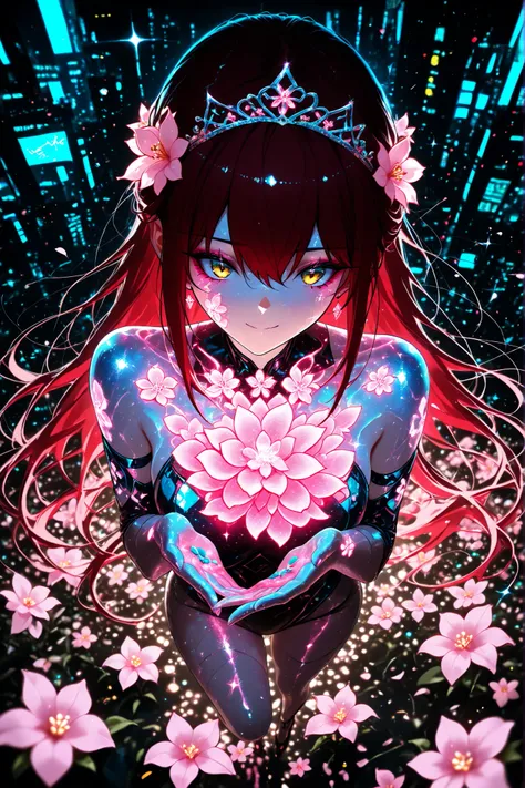 from above, (cyberpunk:1.4), earrings, jewelry, flower, armor, hair ornament, building, city, facial mark, petals, multicolored hair, hair flower, pink flower, weapon, bandaid, pills, sickly, eyebags, bandages, medications, stitches, hurt, ill, bandaid on...