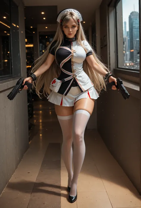 (realistic:1.4),1girl, solo,large breasts, long eyelashes, expressive eyes, perfect face, BSblack1i1ith, solo, thighhighs, gun, weapon, holding, long hair, dual wielding, transparent_background, long right sleeve short left sleeve, hairclip, asymmetrical ...