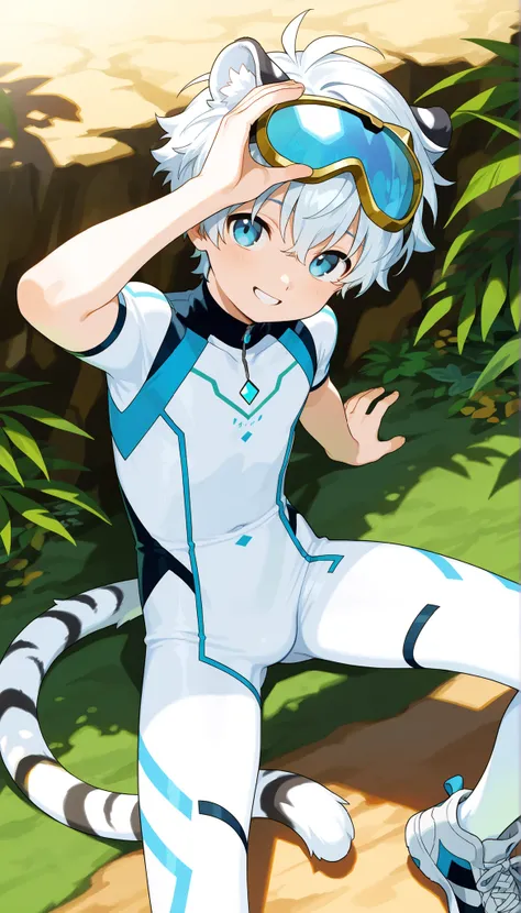 a boy, short hair,cute,一个棕发的穿着白色裤袜的 Shota, wearing goggles on the head, White Tiger Ears , masterpiece, best quality ,male focus, Shota,summer,Short sleeve,cowboy shot,Little Hero,happy,((white stockings)),sneakers,shota wearing a form-fitting bodysuit wit...