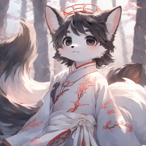 fox MLAE BLACK , Military quality, kemono , furry , Chinese style , forest , BLACK hair , BLACK eyes , slim , two fluffy tails , cute , Iron color CHINA king, Watertight eyes , "highly detailed, soft light, anime style, pastel colors" slim . male