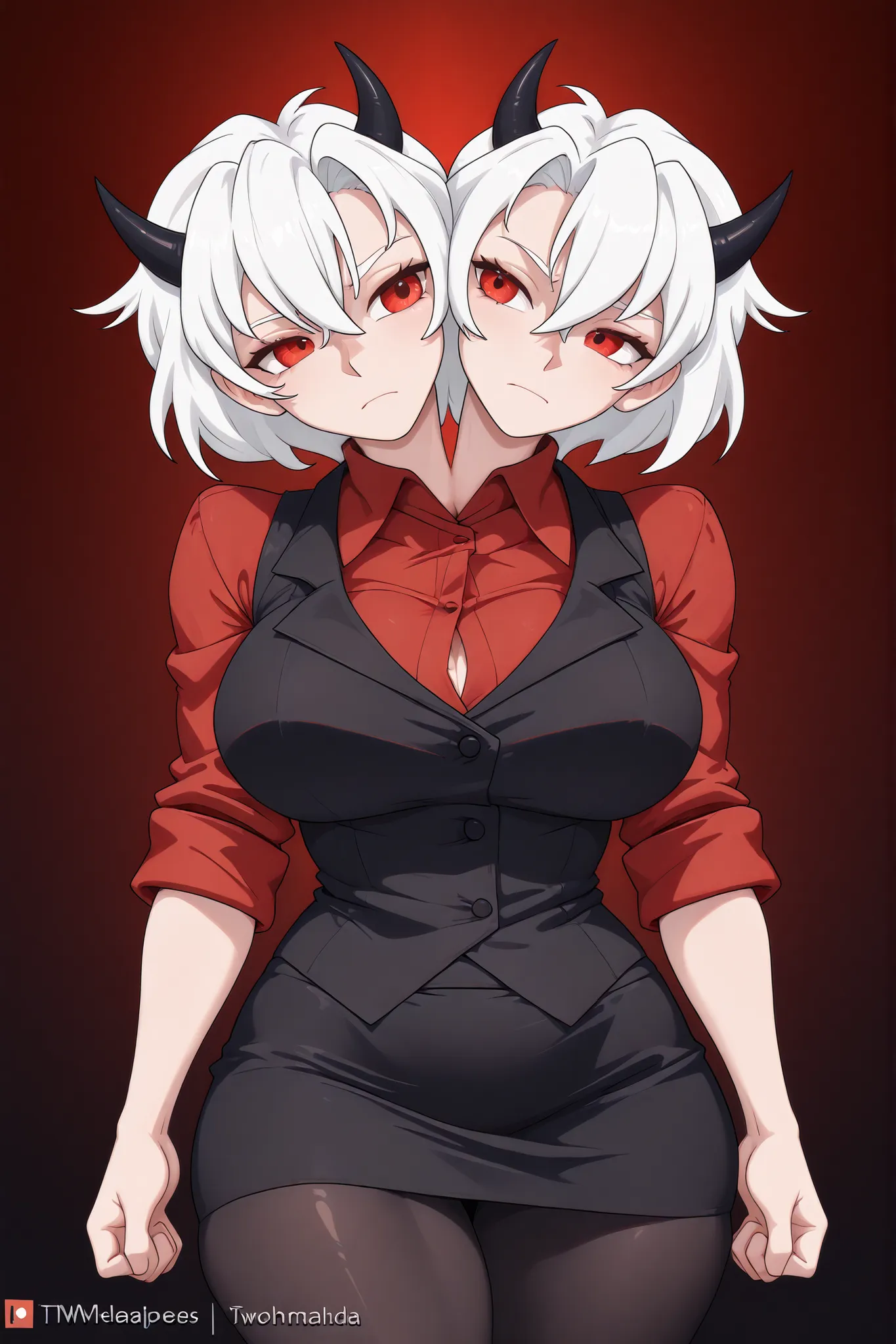 2heads, 2girls, twoheads, a tall thin giris with 2 heads, conjoined, white hair, red eyes, htmalina, demon horns, red shirt, sleeves rolled up, black vest, waistcoat, black skirt, black pantyhose, front shots, large breasts,